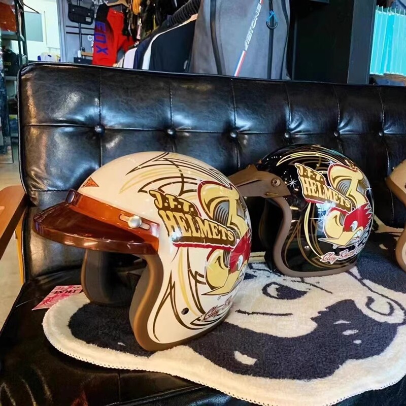 台湾3-JFT个性手工彩绘叼烟鹰复古哈雷摩托车头盔电动踏板34半盔