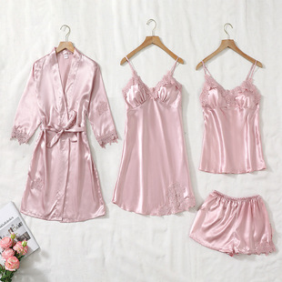 睡裙睡袍四件套家居服 吊带短裤 2020春夏新品 仿真丝睡衣女