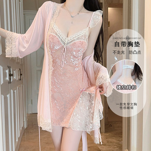 深V露背加胸垫丝绒睡裙外袍女套装 瑰若品牌内衣甜美诱惑飞袖 5960