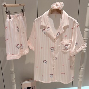 睡衣女士夏季冰丝绸短袖短裤夏天2026新款可爱烫钻Kitty猫家居服