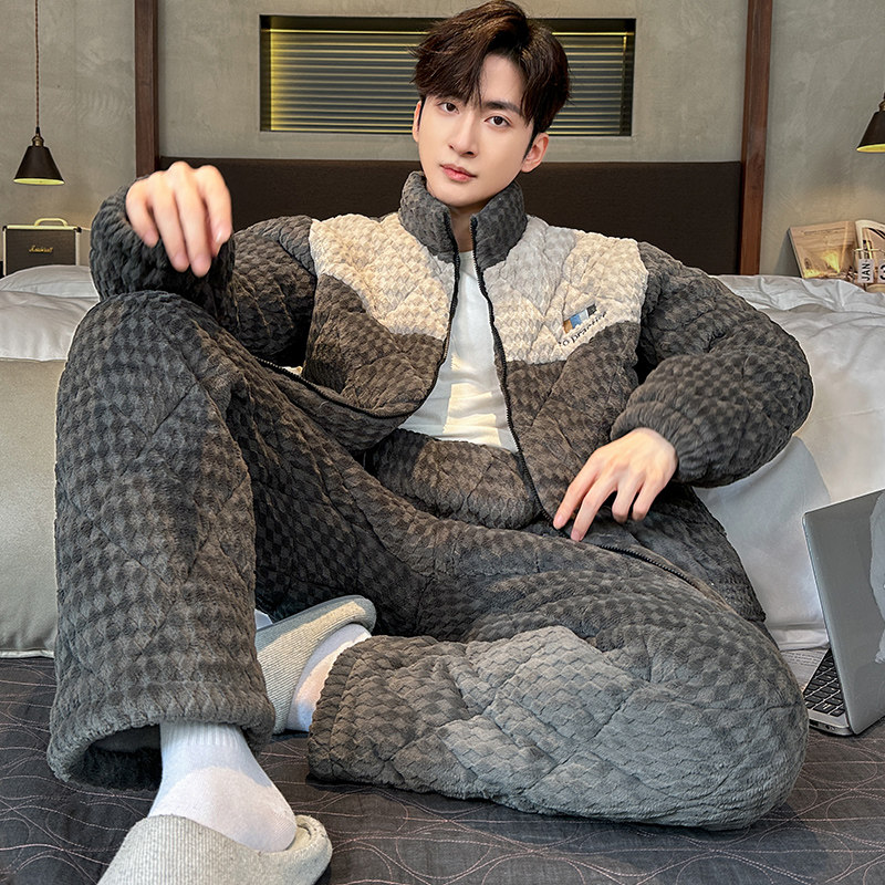 睡衣男士冬季加厚加绒牛奶绒夹棉保暖可外穿青年家居服秋冬款套装