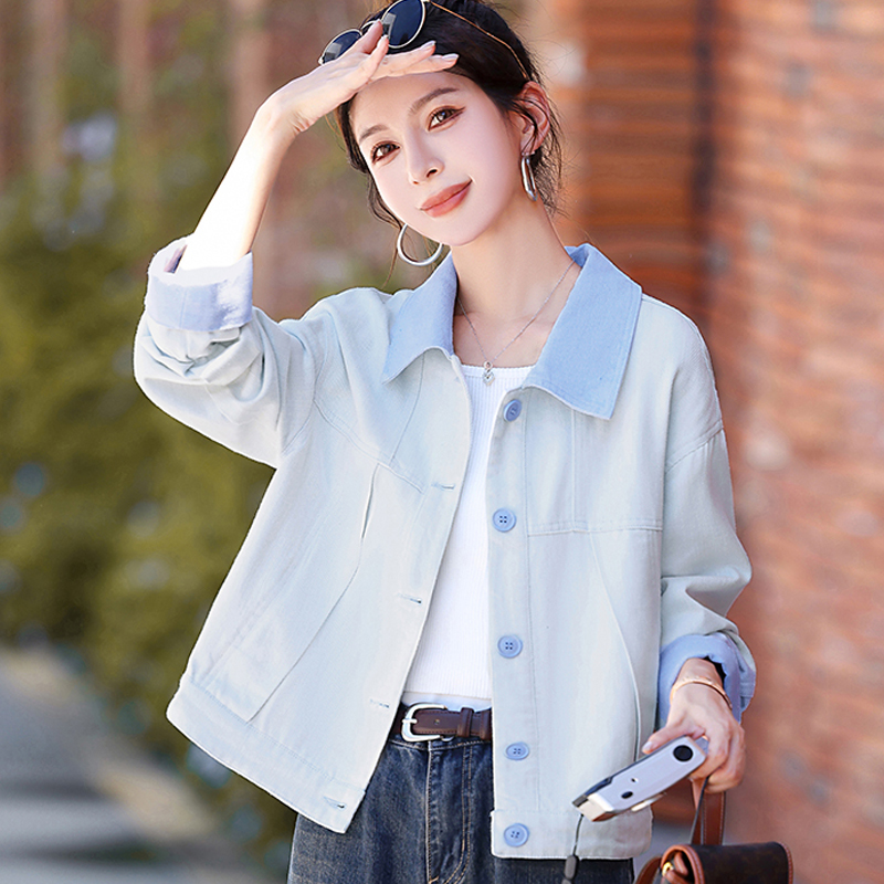 秋装新款拼接翻领宽松上衣夹克潮