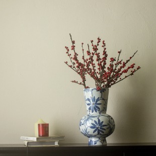 甘棠 手绘描金中古风大口花瓶水培冬青花器入户玄关摆件 蓝白蔓序