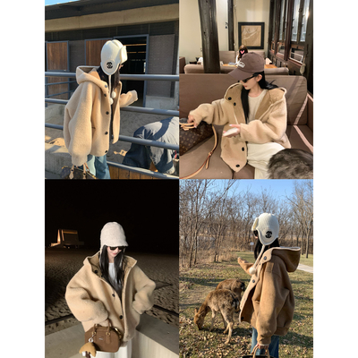 大小姐77 100绵羊毛复合加厚保暖两面穿皮毛一体连帽冬季毛毛外套