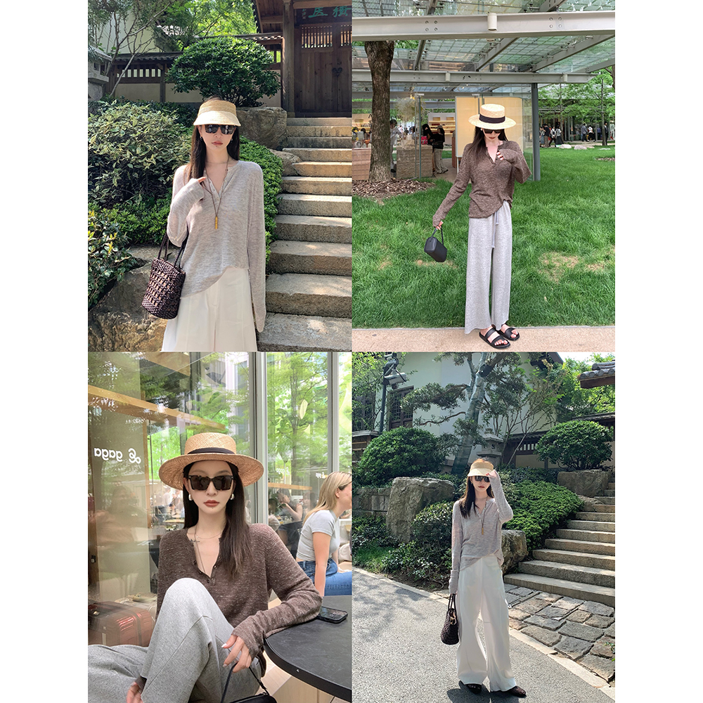 大小姐77 松弛夏日呼吸感亚麻透气半开扣亨利长袖针织T恤罩衫上衣