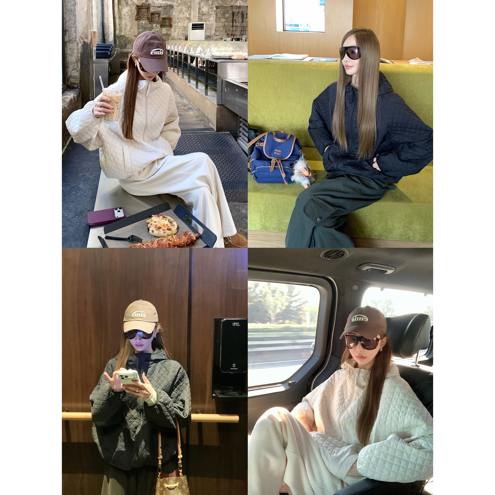 大小姐77菱形格时髦松弛气质连帽显瘦设计秋冬绗缝中长款棉服外套