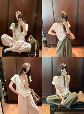 大小姐77 松弛时髦双层领V领显瘦宽松休闲显瘦短款T恤