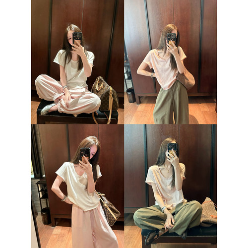 大小姐77 松弛时髦双层领V领显瘦宽松休闲显瘦短款T恤