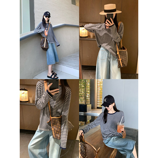 圆领显瘦懒人罩衫 上衣条纹T恤 亲肤垂感超细羊毛慵懒长袖 大小姐77