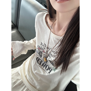 大小姐77 慵懒打底衫 T恤防晒罩衫 上衣 莱塞尔亚麻时髦好穿印花长袖