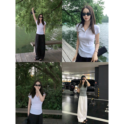 大小姐77 亨利领口强捻纱百搭简约亲肤透气夏季弹力修身短袖T恤女