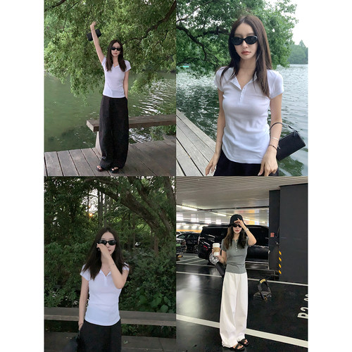 大小姐77 亨利领口强捻纱百搭简约亲肤透气夏季弹力修身短袖T恤女
