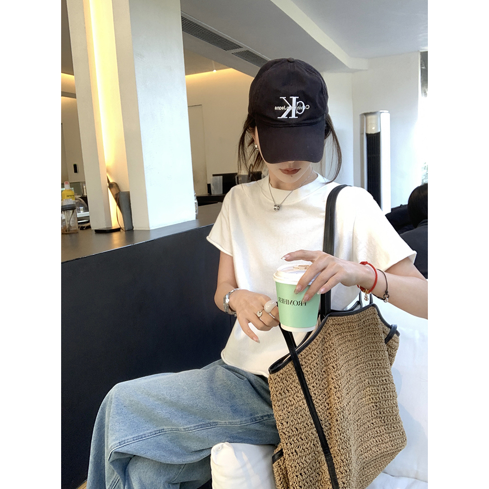 大小姐77 高舒适度BI囤～ 时髦卷边短袖白色宽松休闲圆领T恤上衣