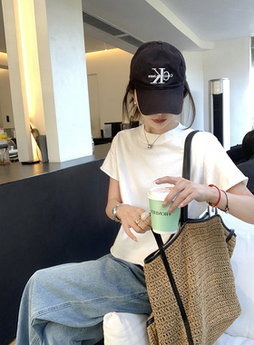 大小姐77 高舒适度BI囤～ 时髦卷边短袖白色宽松休闲圆领T恤上衣