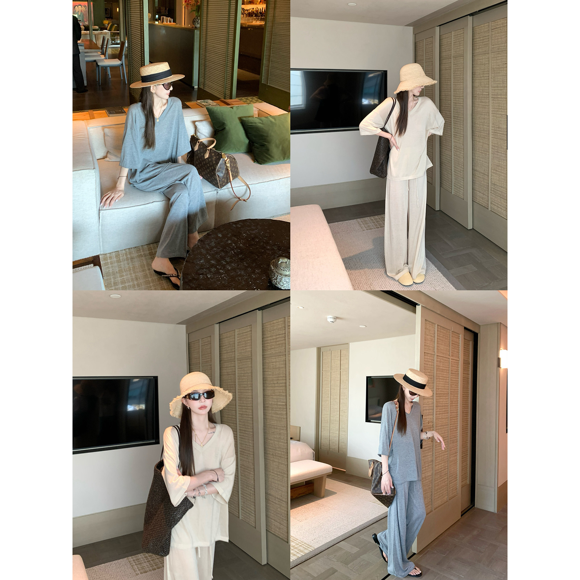 大小姐77 老钱慵懒高级莱塞尔亚麻清凉V领显瘦针织罩衫阔腿裤套装