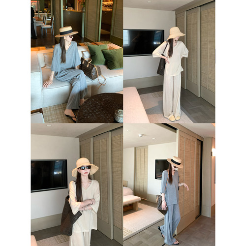 大小姐77 老钱慵懒高级莱塞尔亚麻清凉V领显瘦针织罩衫阔腿裤套装