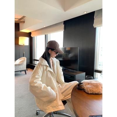 大小姐77巴恩风羊羔毛翻领御寒中长款工装外套派克服厚外套冬季女