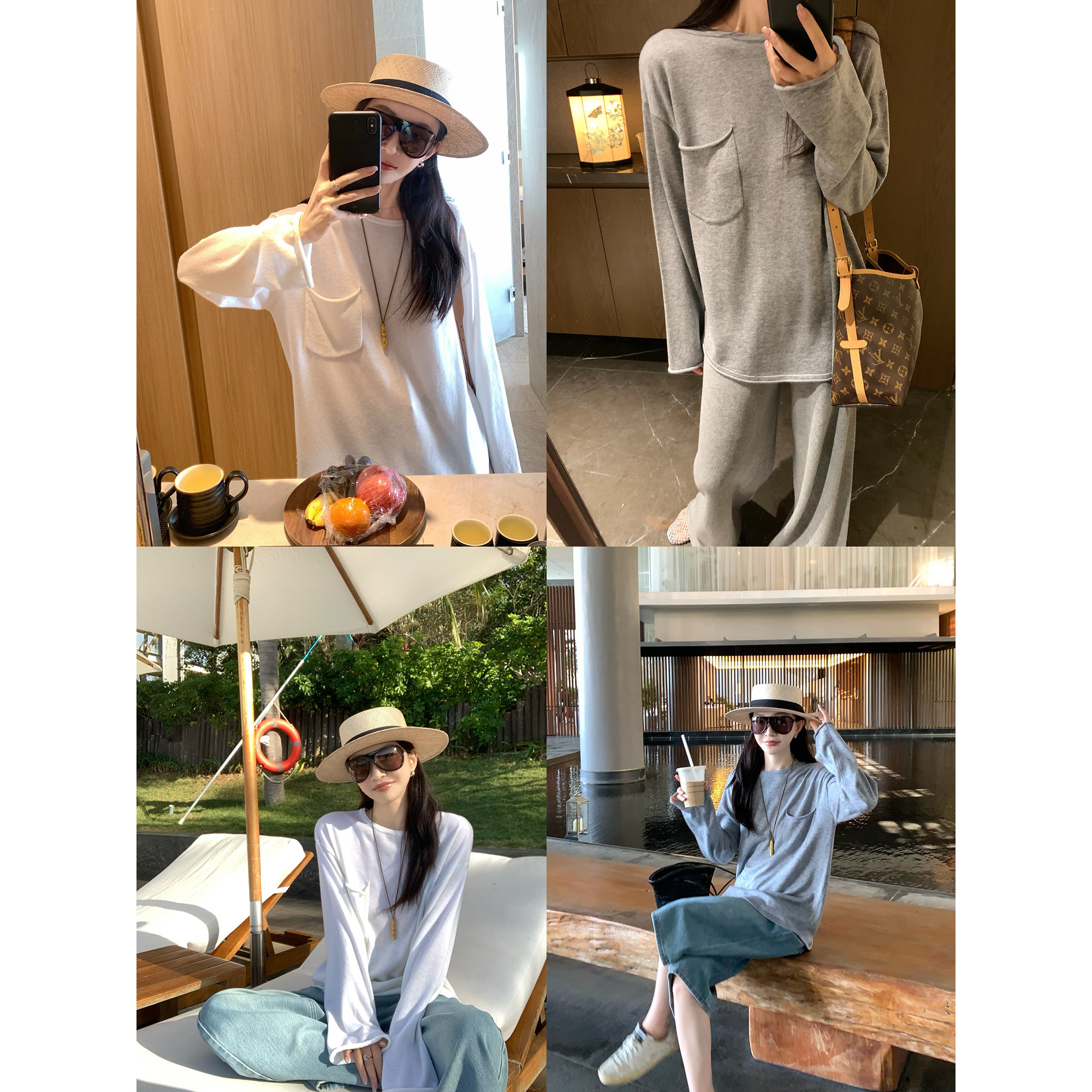 大小姐77松弛慵懒感~懒人羊毛tee超细亲肤极简口袋卷边长袖T罩衫