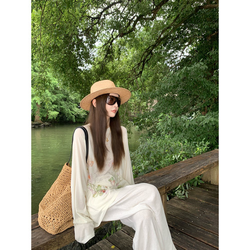 大小姐77 天丝羊毛凉感空调衫印花T薄款轻薄圆领宽松T恤上衣夏