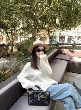 大小姐77轻薄微透马海毛极简松弛感白色圆领长袖宽松休闲春夏毛衣