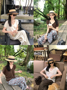 大小姐77 桑蚕丝丝光羊毛混纺轻盈夏季透气松弛感V领显瘦针织上衣