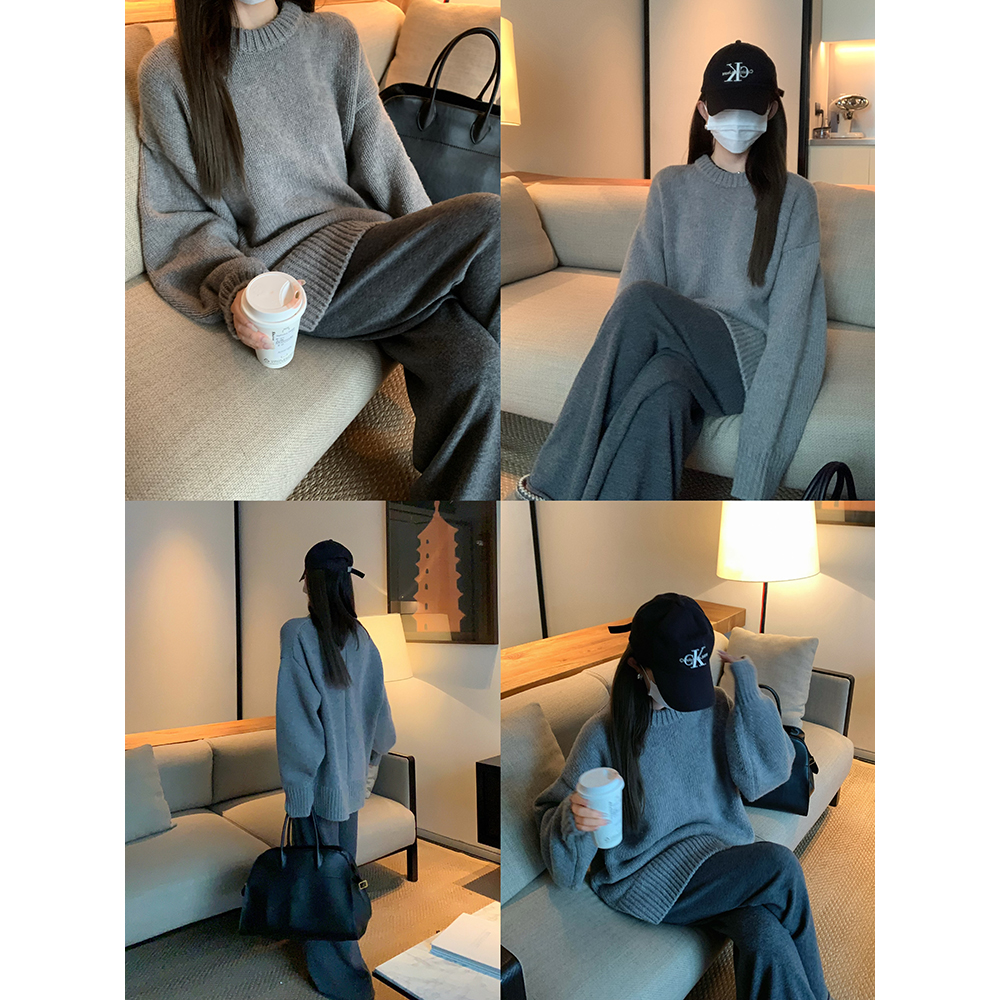 大小姐77圆领通勤灰色毛衣