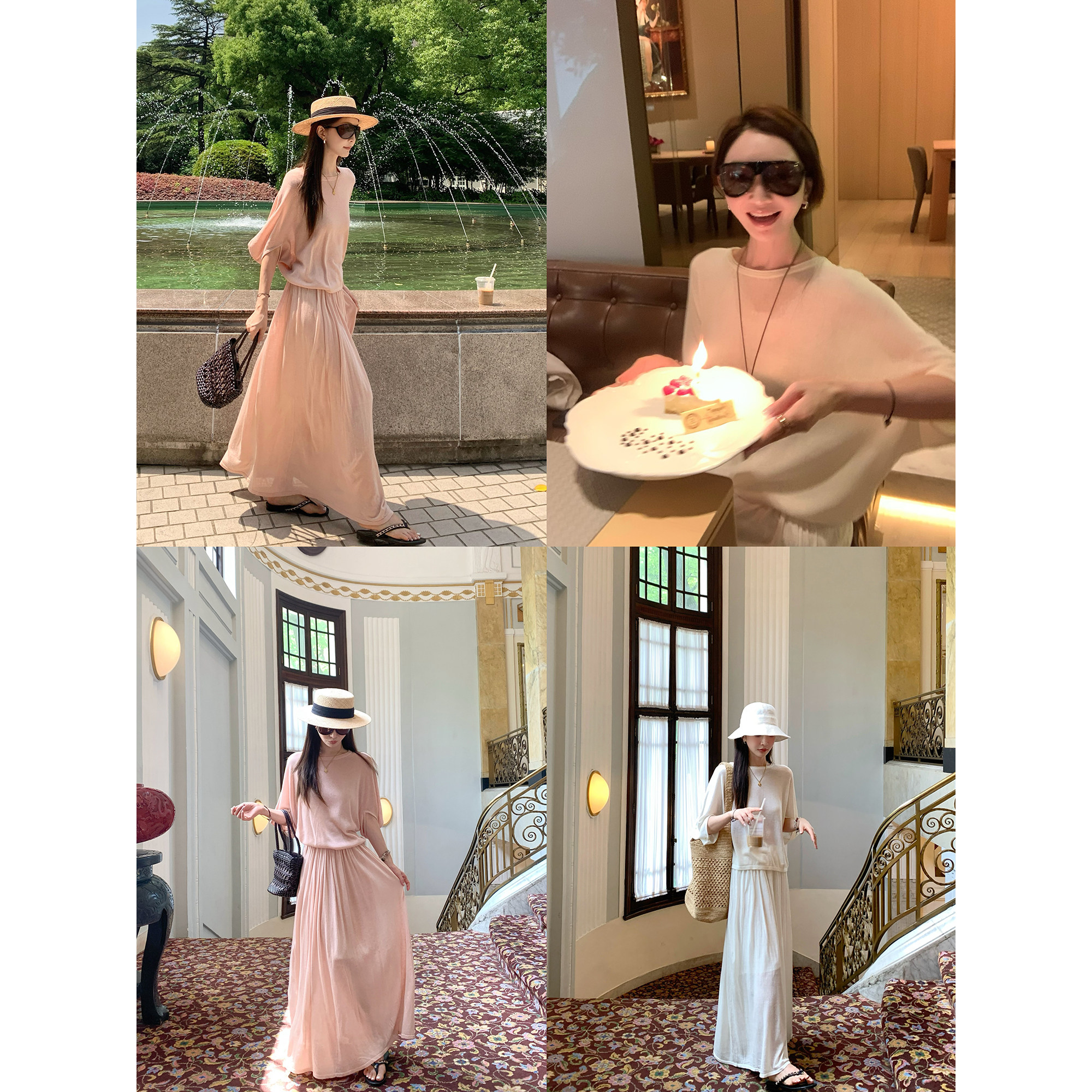 大小姐77 松弛轻氧亚麻莱塞尔老钱蝙蝠袖针织上衣半身裙套装罩衫