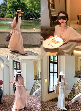 大小姐77 松弛轻氧亚麻莱塞尔老钱蝙蝠袖针织上衣半身裙套装罩衫