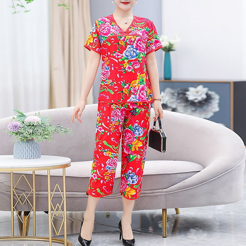 春夏棉绸花布民族风复古女士短袖小衫七分裤人造棉睡衣家居服套装