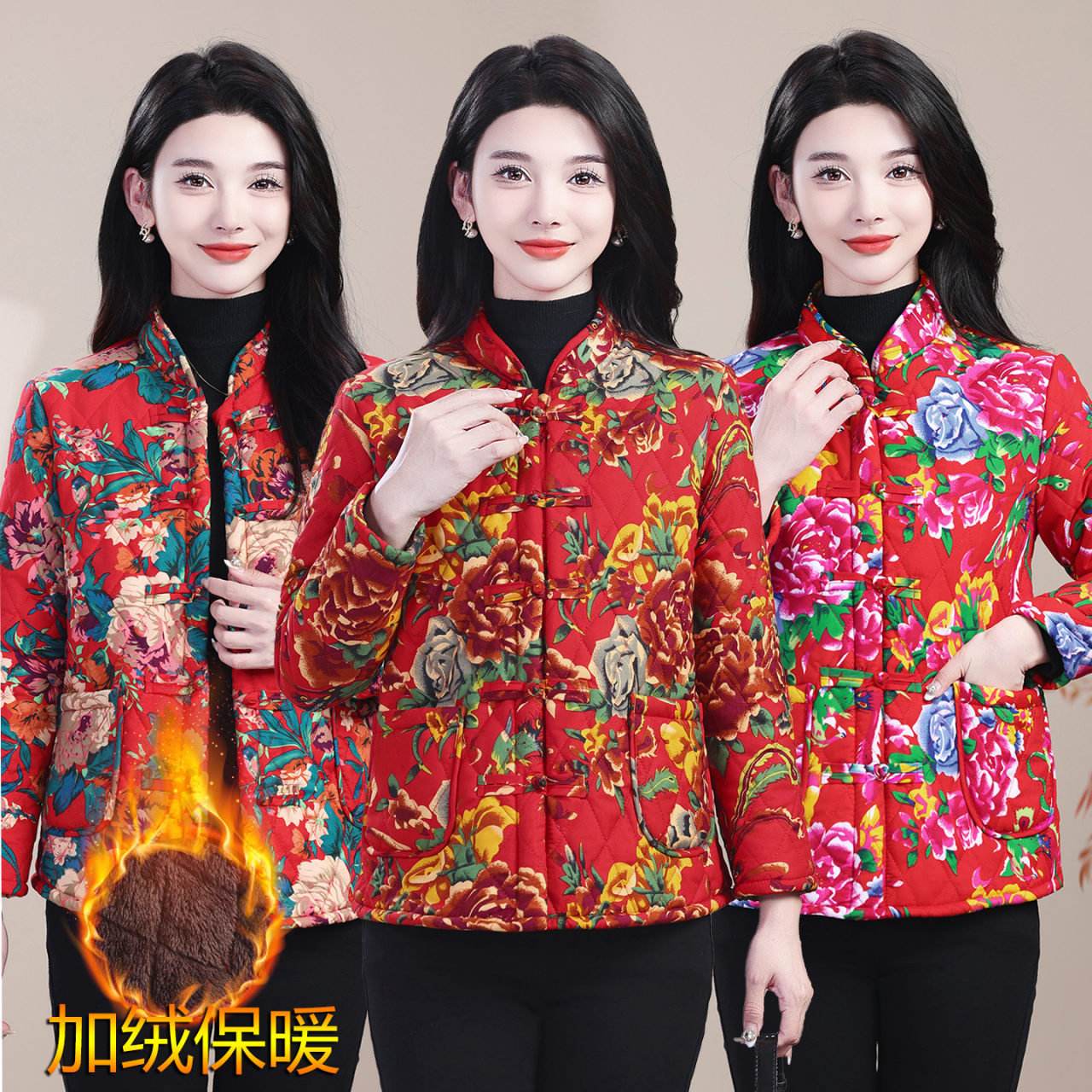 新款秋冬妈妈装夹棉盘扣保暖复古口袋棉服中年大花民族风大码女装