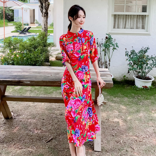 人造棉新中式东北大花旗袍连衣裙