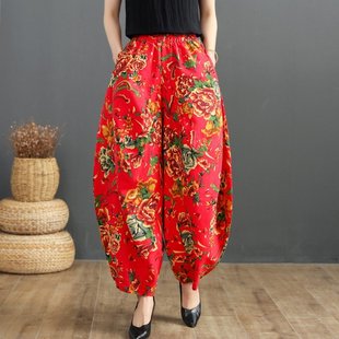 妈妈广场舞表演服装 民族风东北大花棉麻灯笼裤 吊裆裤 春夏宽松大码