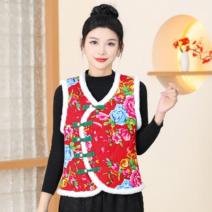 东北大花马甲中国风盘扣棉袄秋冬加绒加厚马夹演出服年会表演衣服