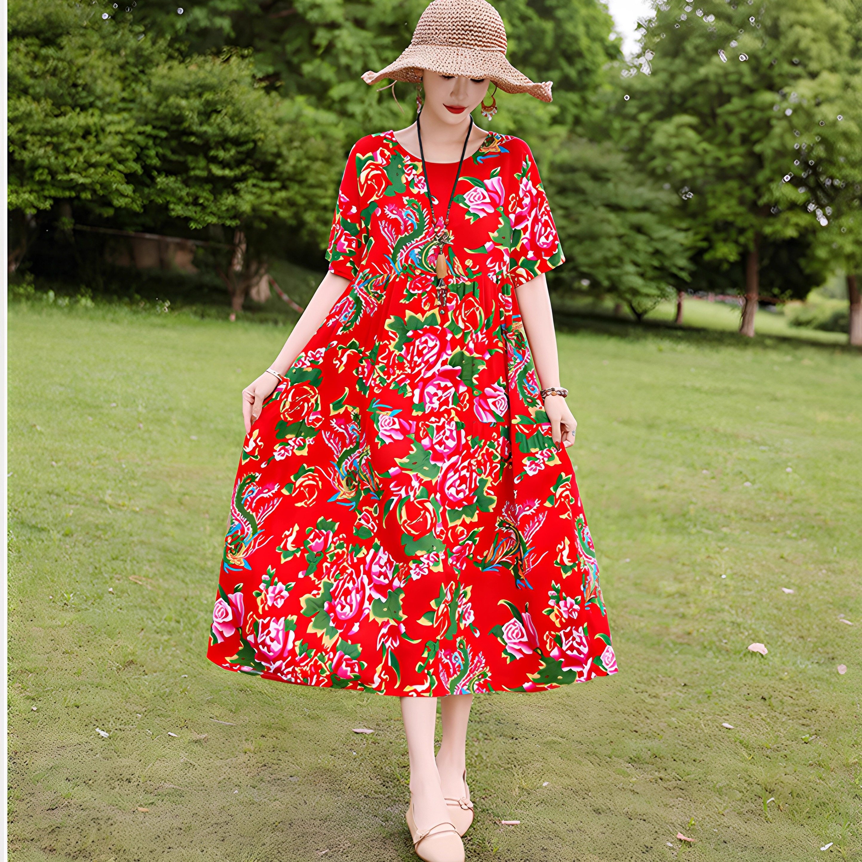 棉绸睡裙宽松透气大码妈妈居家服