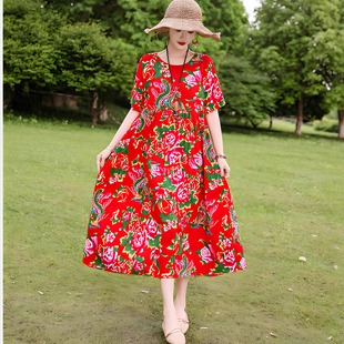 夏季 连衣裙中老年妈妈人造棉居家服 东北大花棉绸睡裙宽松透气大码