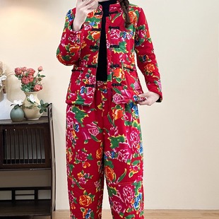 秋冬新款复古大花保暖时尚套装网红秧歌广场舞演出队服两件套棉服