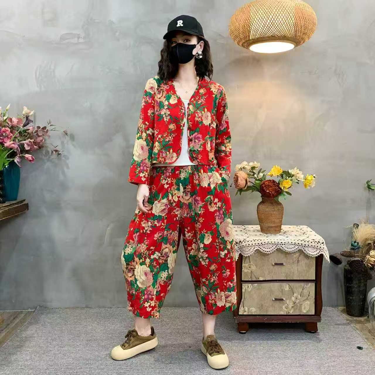 东北大花布马甲哈伦裤套装