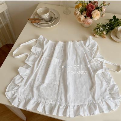 棉质提花白色半身围裙系带工作服