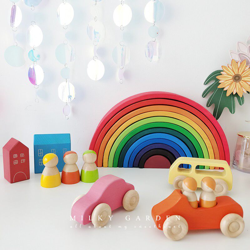 milky garden 彩色实木可爱彩虹森林珊瑚小车小人儿童玩具积木