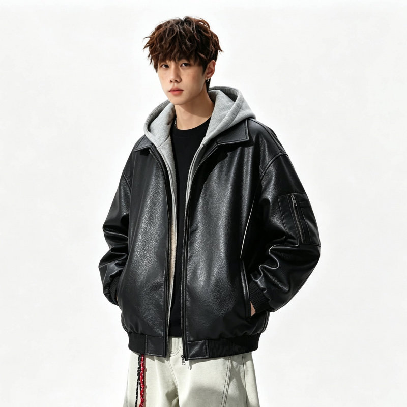 美式重磅假两件PU皮加绒棉服男