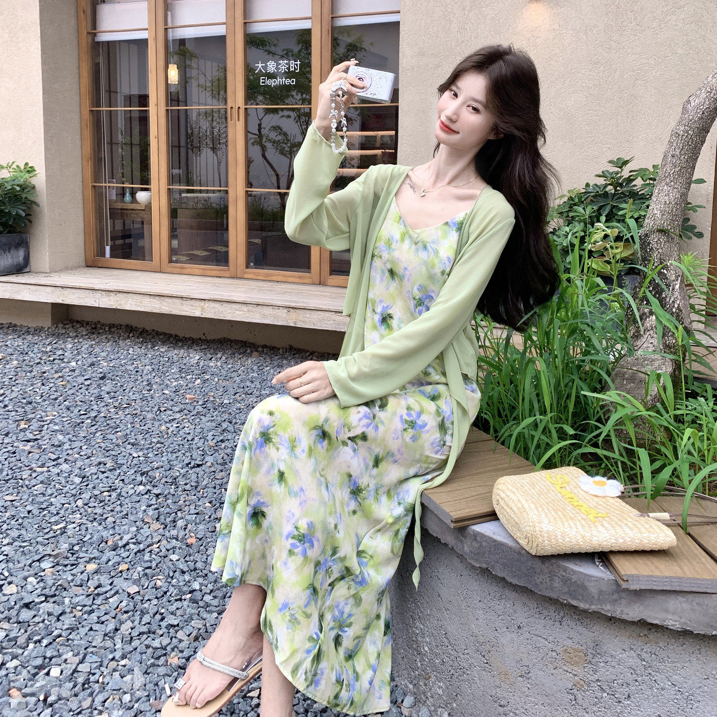 夏季晕染油画印花吊带连衣裙套装