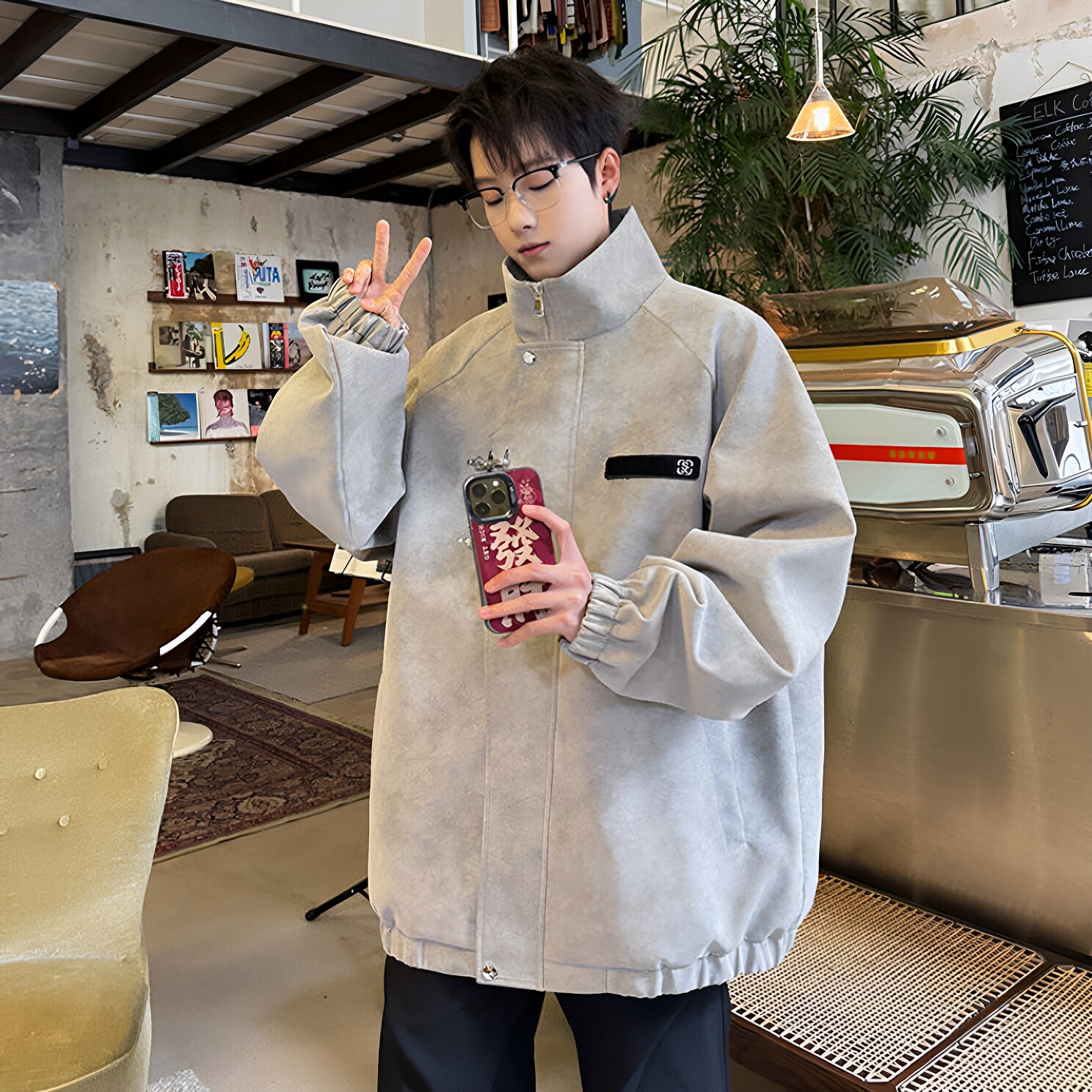 扎染飞机扣PU皮衣男宽松大码
