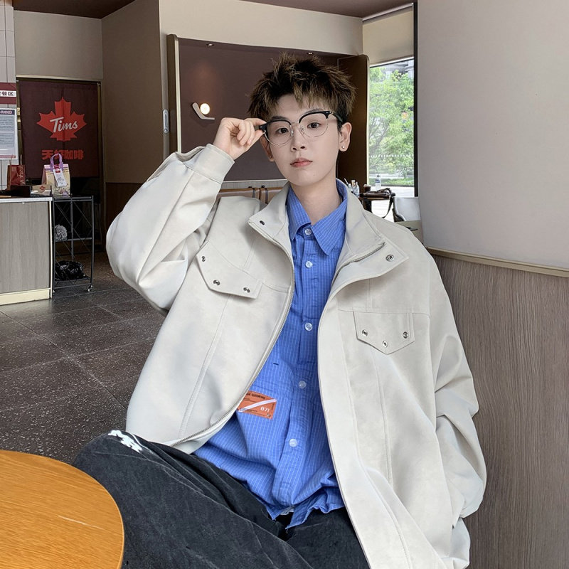 复古扎染PU皮男立领大码夹克