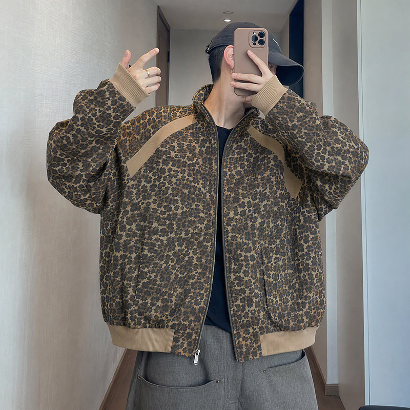 日系复古立领豹纹棒球夹克春秋