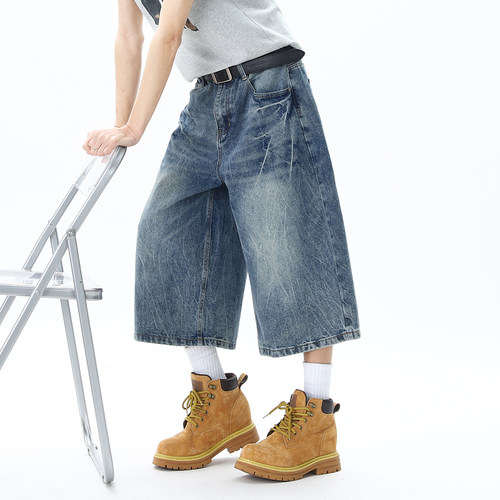 夏季男士美式闪电纹七分牛仔裤