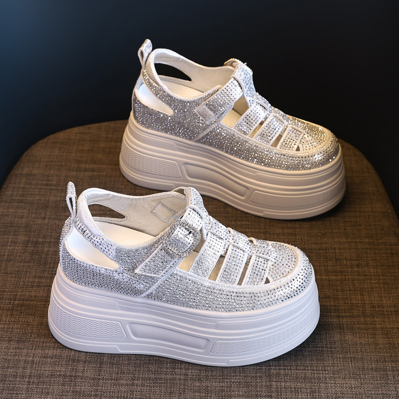 2025夏季新款小个子厚底增高10CM女鞋时尚百搭水钻一字扣带凉鞋潮