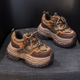 擦色复古运动休闲百搭单鞋 新款 子 女2026春季 9CM小个子厚底老爹鞋