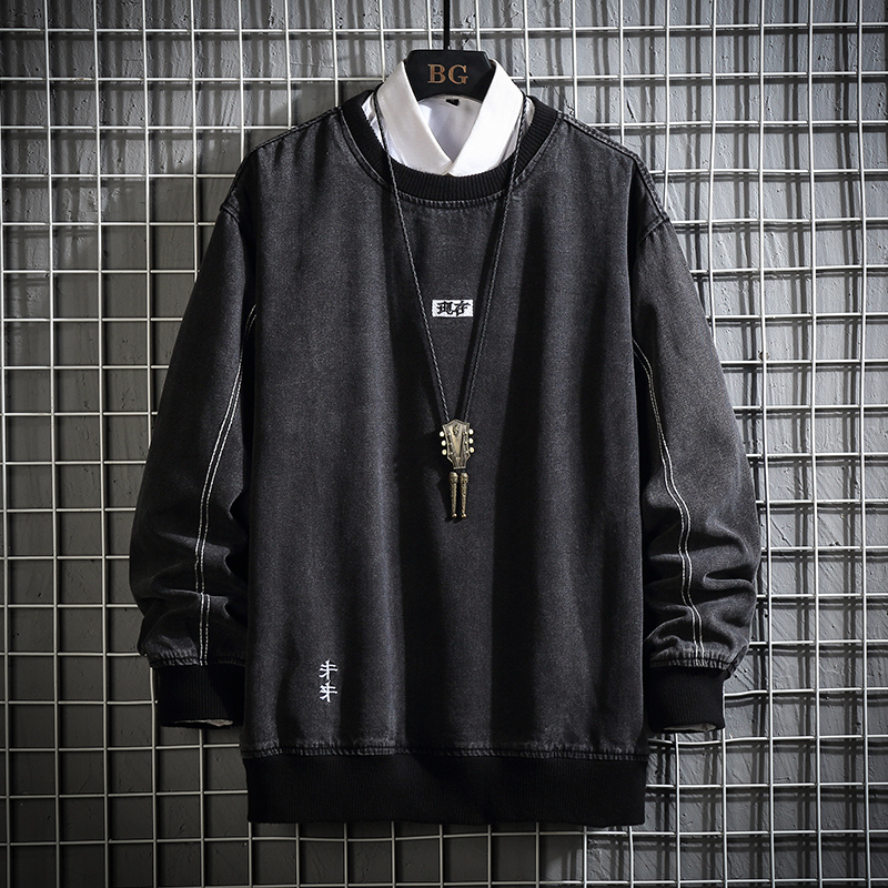 Autumn and winter Japanese mesh large hip hop trend embroidered rib crew neck Pullover denim sweater