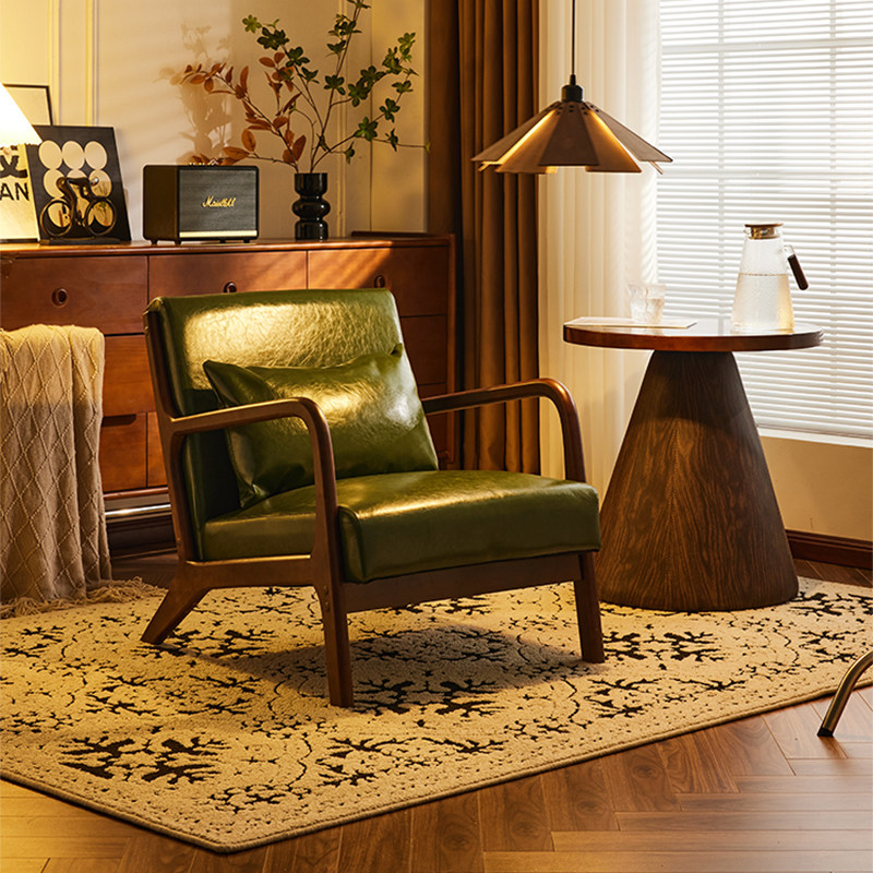 复古单人皮沙发中古实木沙发边椅阳台轻奢高级感绿色单人沙发创意,住宅家具,沙发椅,淘宝优惠券,粉丝福利购,淘宝优惠卷