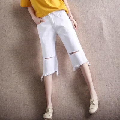 七分白色破洞牛仔裤女高腰直筒裤